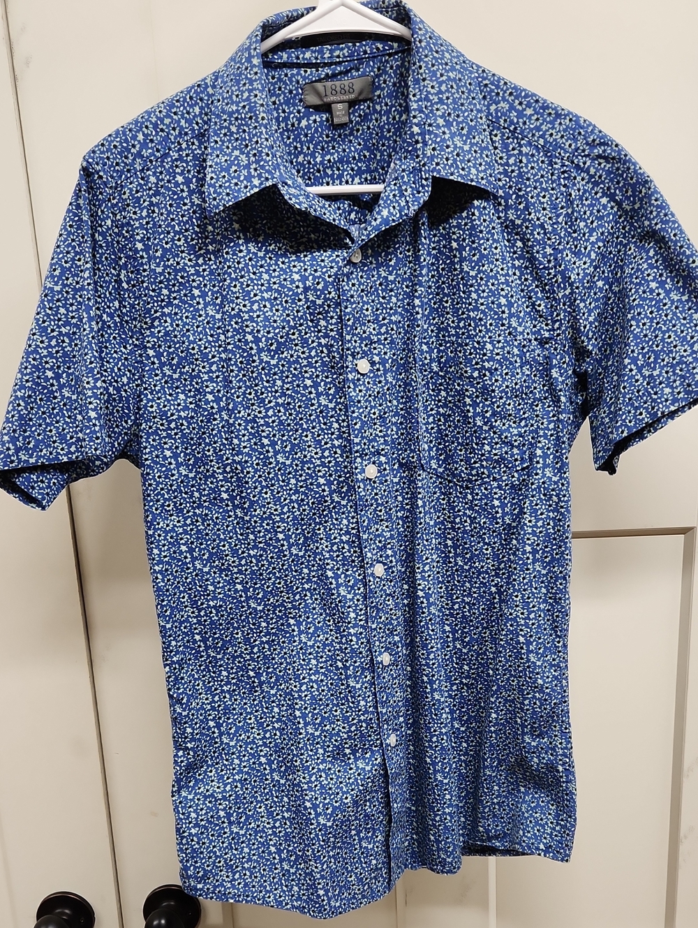 Saddlebred 1888 Tailored Short Sleeve Blue Shirt with Green/black/white Pattern
